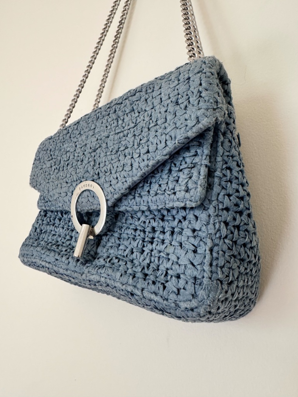 Sandro Raffia YZA Blue Woven Shoulder Bag with Chain Strap - Picture 3 of 14